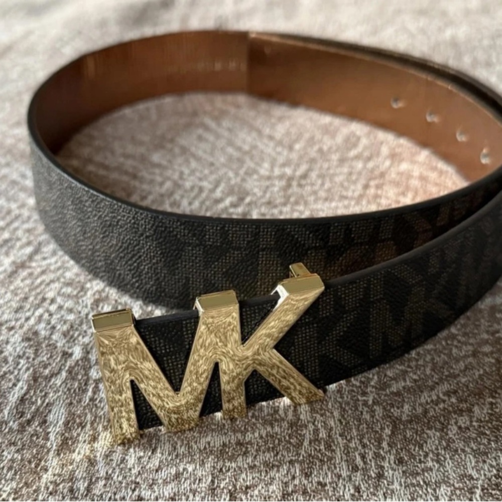 Michael Kors Black and Brown Belt with Gold MK Buckle